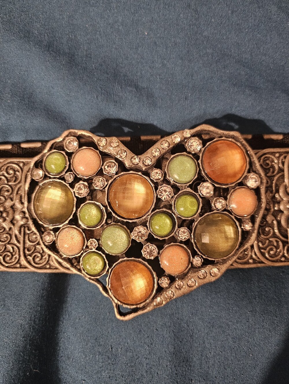 Source Unknown Heart Gemstone Accent Belt in Green and Peach Tones
